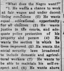 List of demands at a Black Democratic rally held in Durham in 1938, included wanting social security laws broadened to include domestic and agricultural workers. Courtesy Carolina Times, North Carolina Collection, Durham County Libraries