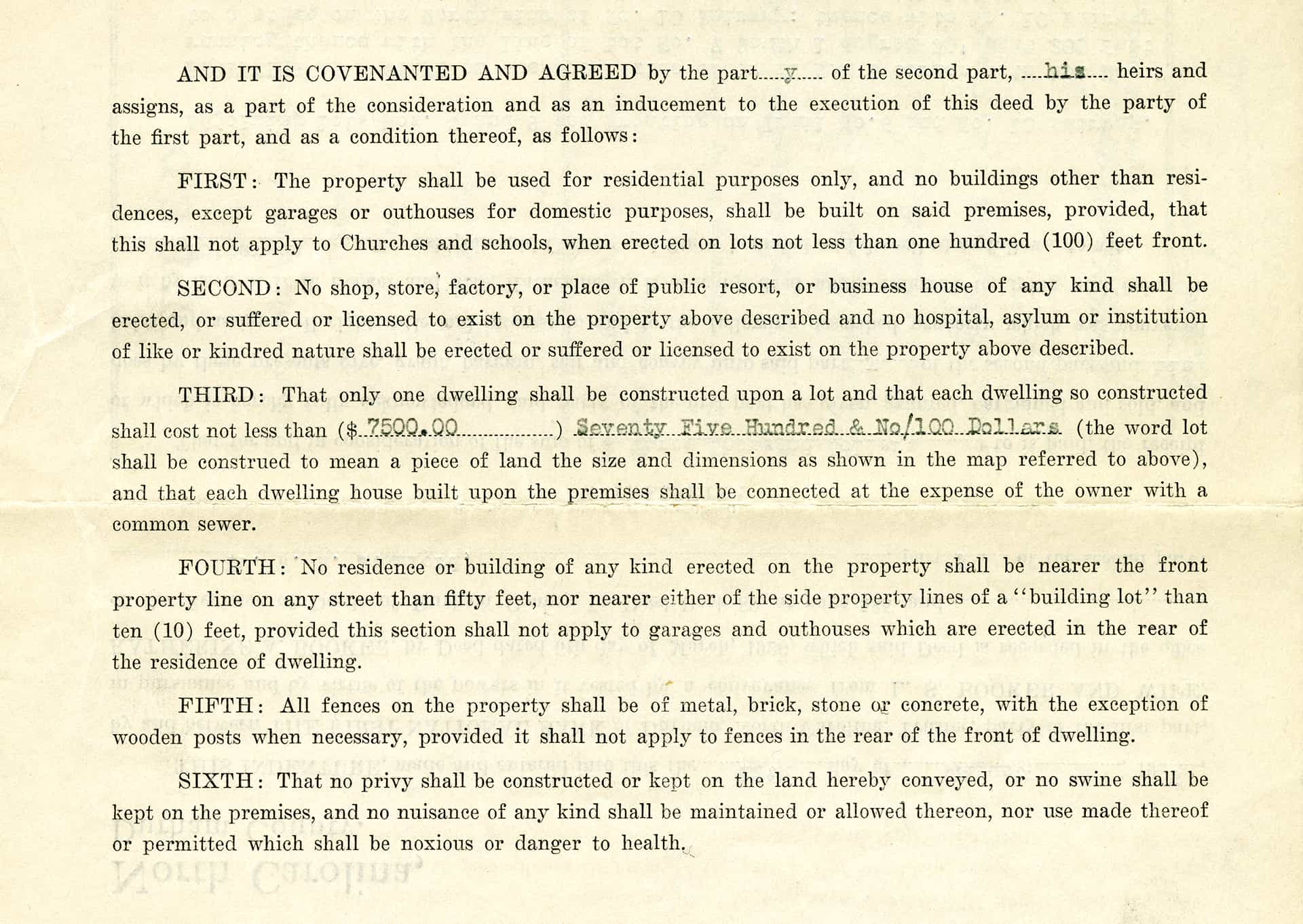 Excerpt of Racial Covenant from the Hope Valley deed restrictions, 1926. Courtesy North Carolina Collection, Durham County Libraries.