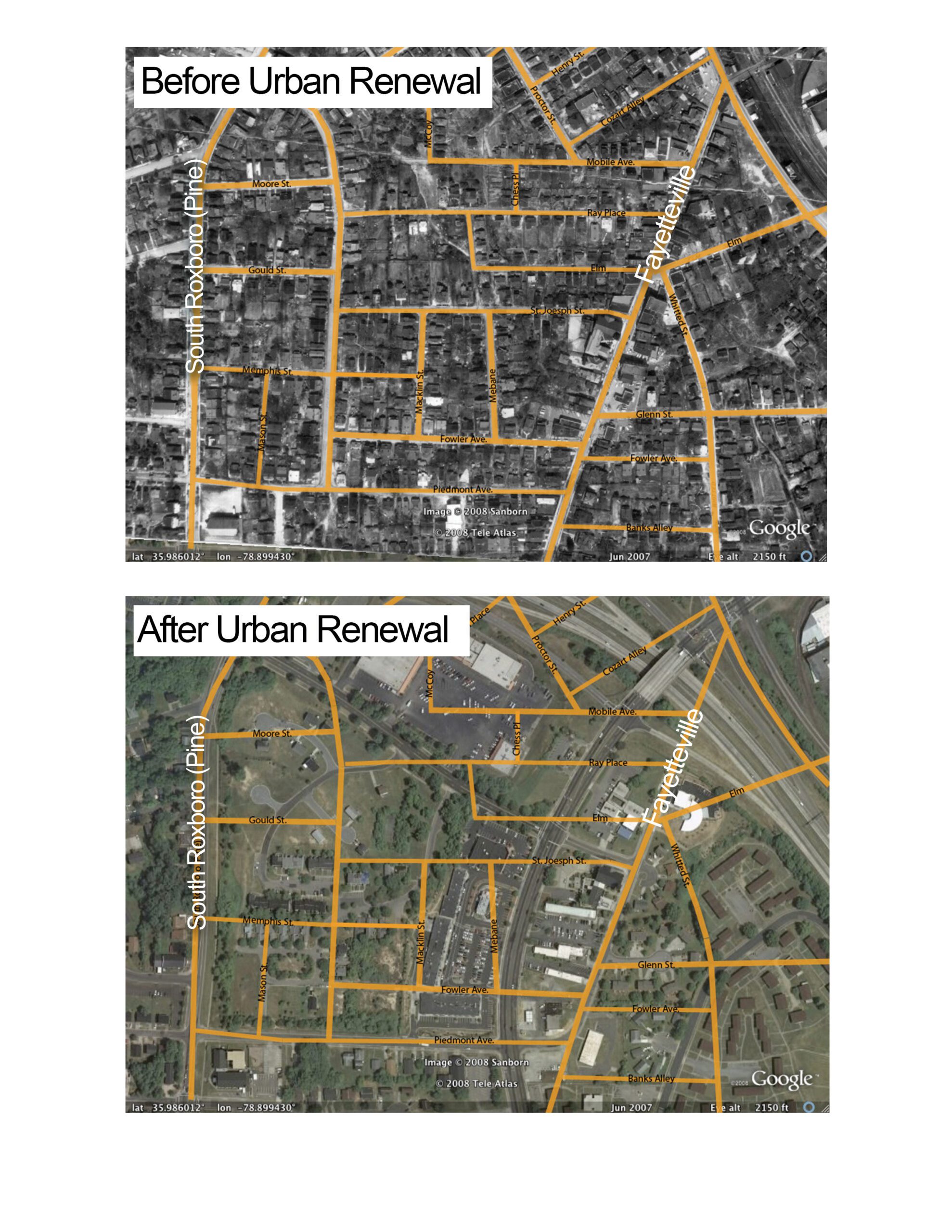 Aerial photographs of a section of Hayti before and after urban renewal. Only one building, St. Joseph’s AME church, from this area is still standing. The original streets are shown for reference. Courtesy Open Durham