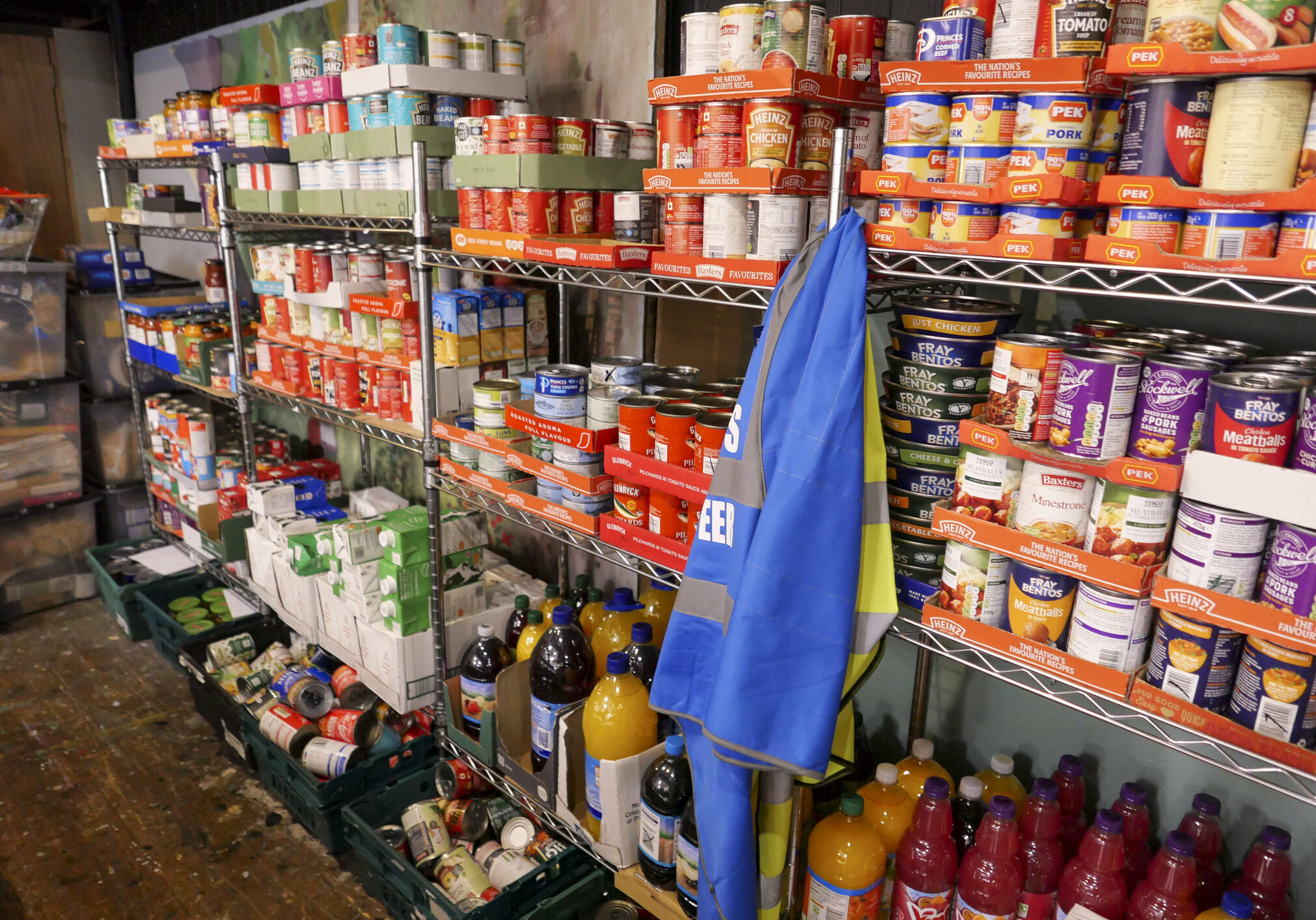 7th August 2020: Shelves filled with donated food, ready for distribution at a charity food bank centre in the town of Penicuik in Midlothian, Scotland, where emergency food parcels are given to those in crisis. A problem that has increased since the Covid-19 pandemic, with more people losing jobs and getting into financial difficulty.